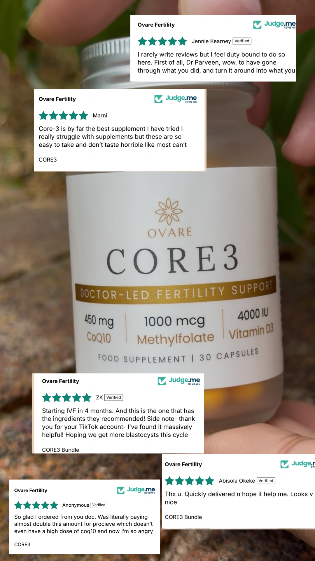 A close-up of a hand holding a jar of Ovare Fertility Core 3 dietary supplement, with three customer review cards overlaid on the image.